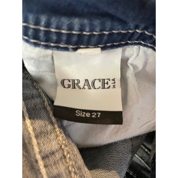Rare GRACE in LA Embroidered Embellished Rhinestone Easy Fit Jean Shorts Size 27 - Picture 2 of 4